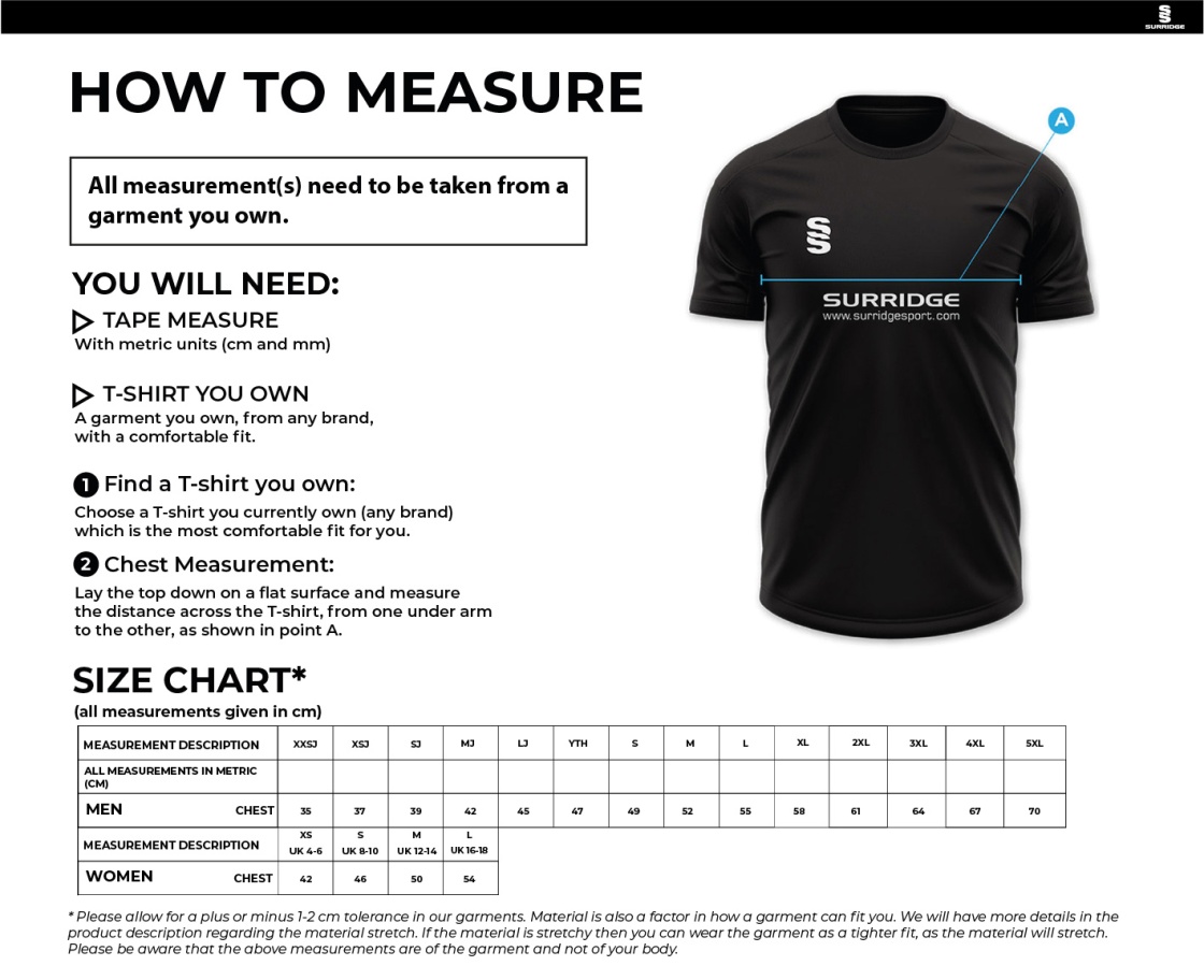 Irby Cricket Club - Short Sleeved T20 Playing Shirt - Men's Fit - Size Guide